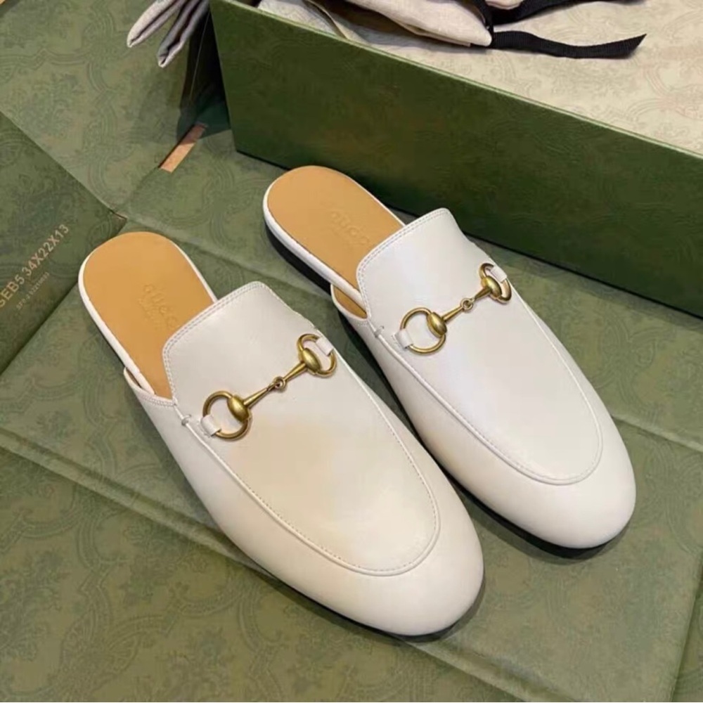 Gucci White and Gold Mules Elegant Design